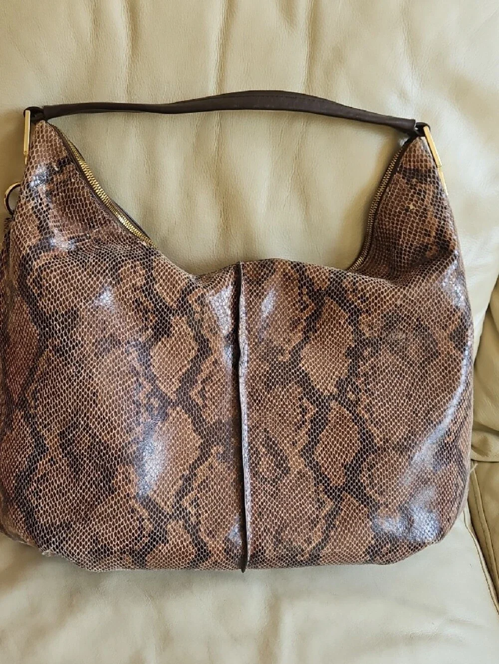 G.I.L.I. Brown Snake-Print Hobo with Tassel and Gold Hardware